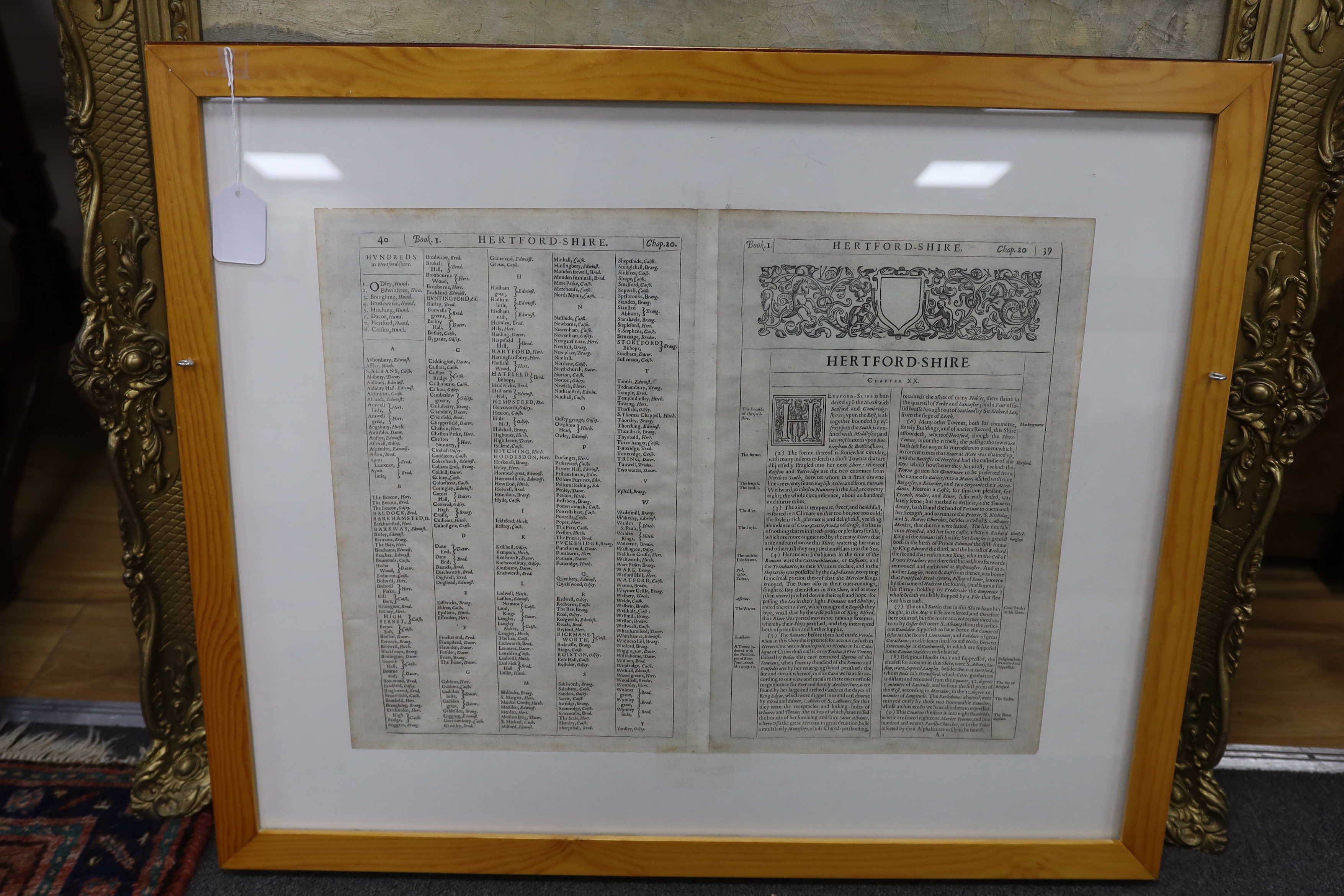 John Speed (1552-1629) hand coloured map of Hertfordshire, sold by John Sudbury and George Humble, text verso, 40 x 53cm